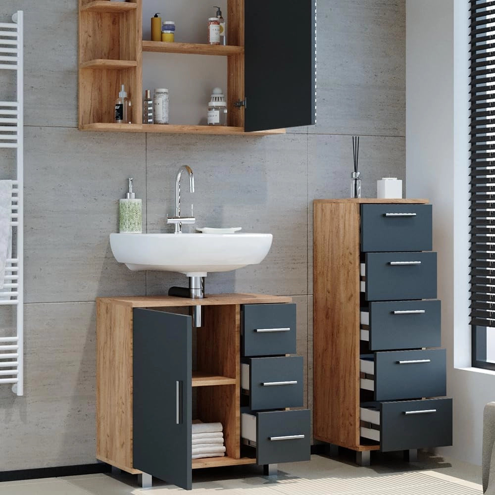 Set mobili bagno Ilias, Rovere, 60 cm, composto da mobile sottolavabo, specchiera e mobile medio