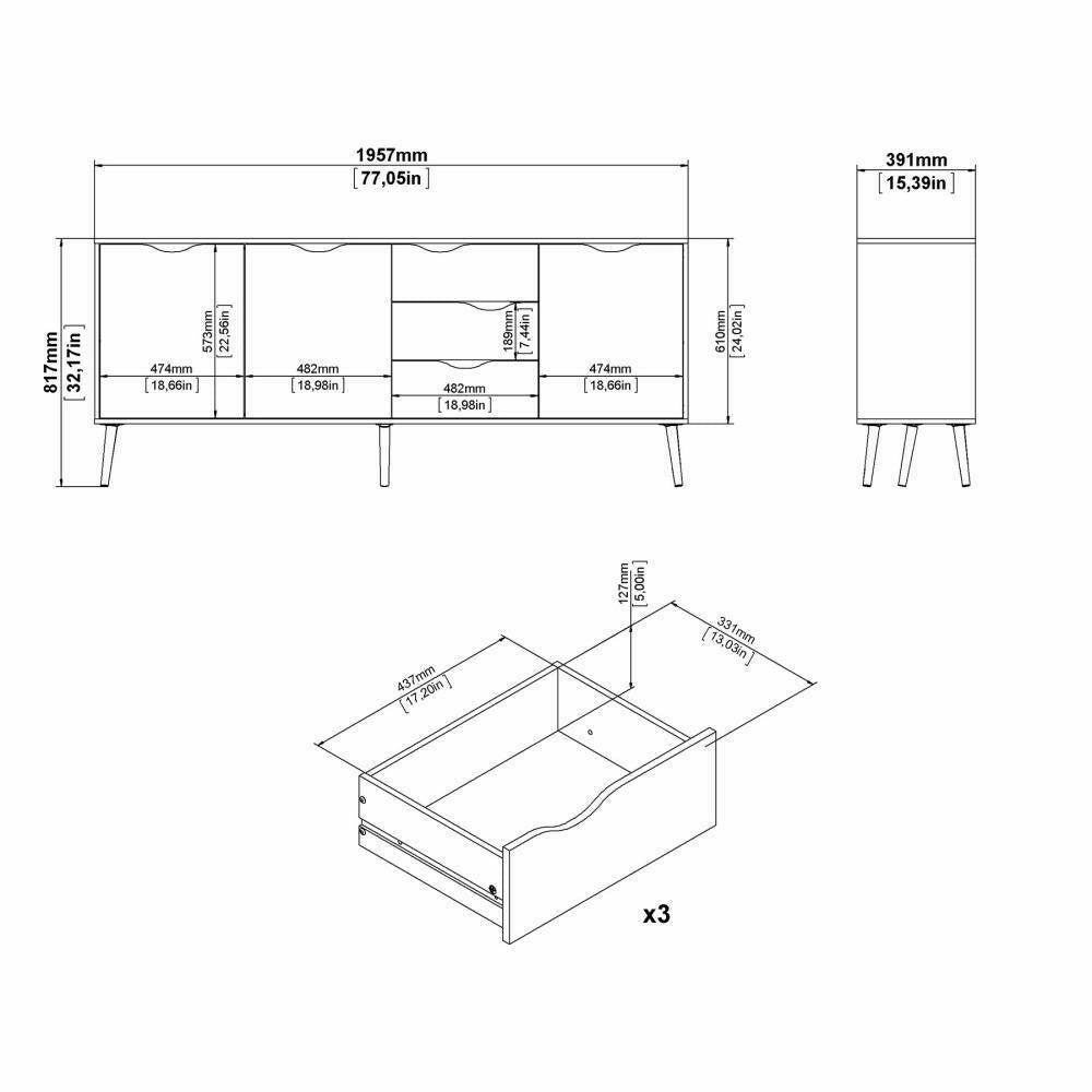 Credenza a tre a ante e tre Anima, colore bianco e rovere, Misure 195 x 81 x 39 cm