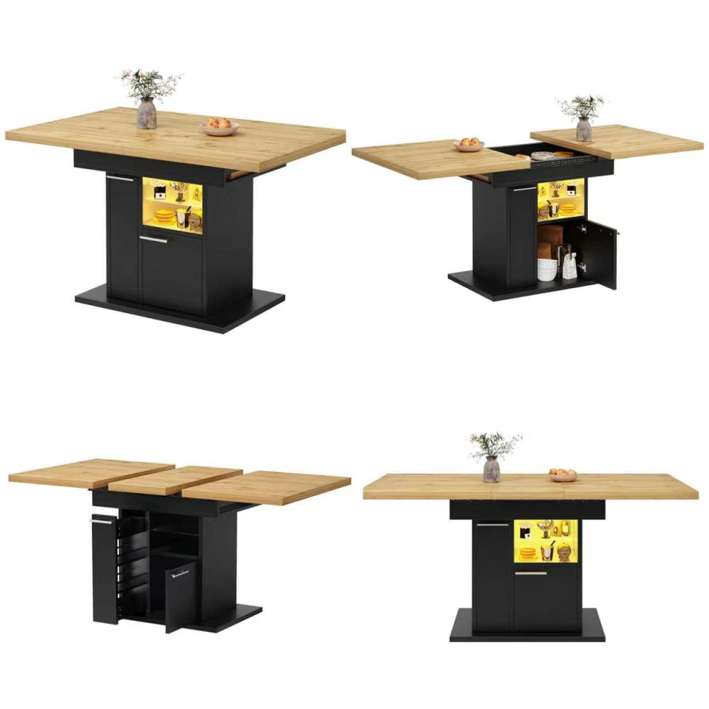 Tavolo da pranzo allungabile con contenitore e illuminazione LED; per soggiorno e sala da pranzo; MDF nero