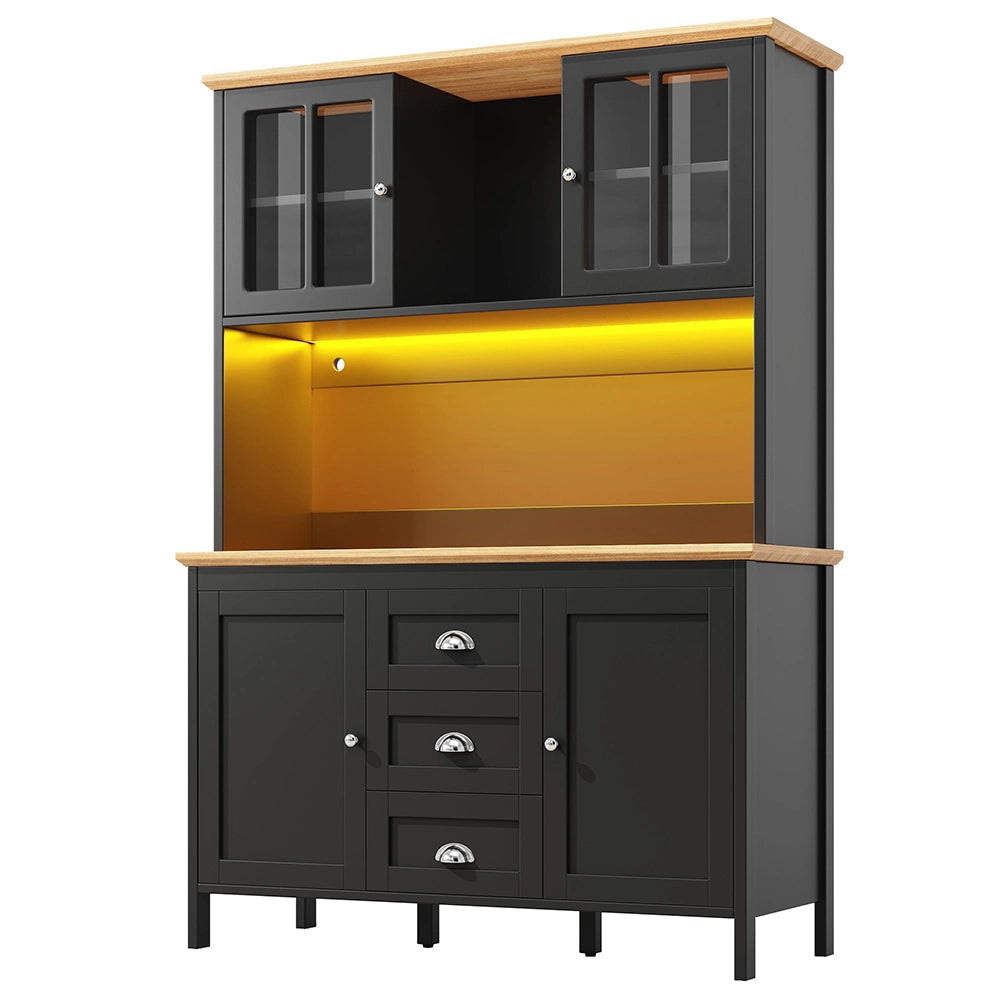 Armadio da cucina con illuminazione LED - Xylo - 120x40x179 cm - Bianco/Nero - 4 porte e 3 cassetti