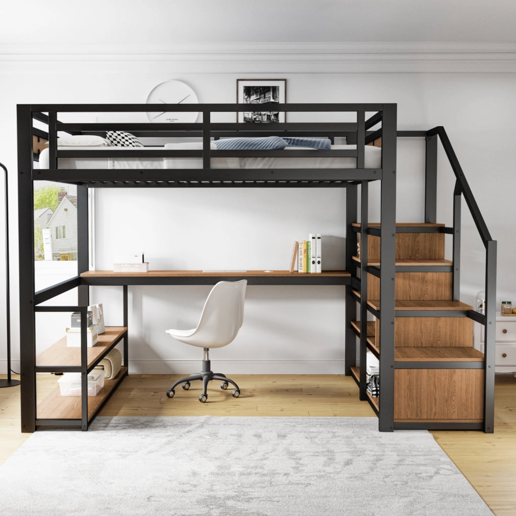 Letto a soppalco in metallo 140x200 cm nero con scrivania; ripiani e scala contenitiva