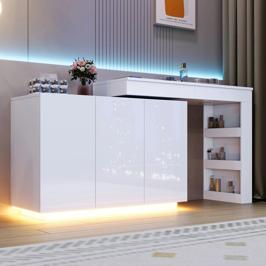 Tavolo da toeletta L girevole con illuminazione LED; multifunzione toeletta/scrivania; finitura lucida Bianco; 100×40×80cm