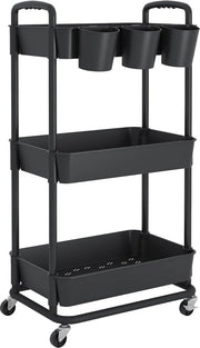 Carrello a Rotolamento in Plastica con 3 Livelli e Ruote Chiuse - Carrello Utile per Salotto, Bagno, Cucina e Ufficio - Nero