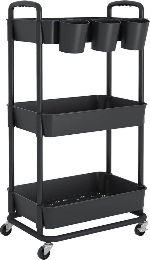 Carrello a Rotolamento in Plastica con 3 Livelli e Ruote Chiuse - Carrello Utile per Salotto, Bagno, Cucina e Ufficio - Nero