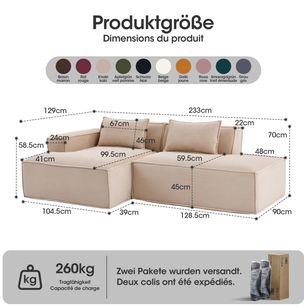 Divano 235 cm kaki rivestito in poliestere con due cuscini