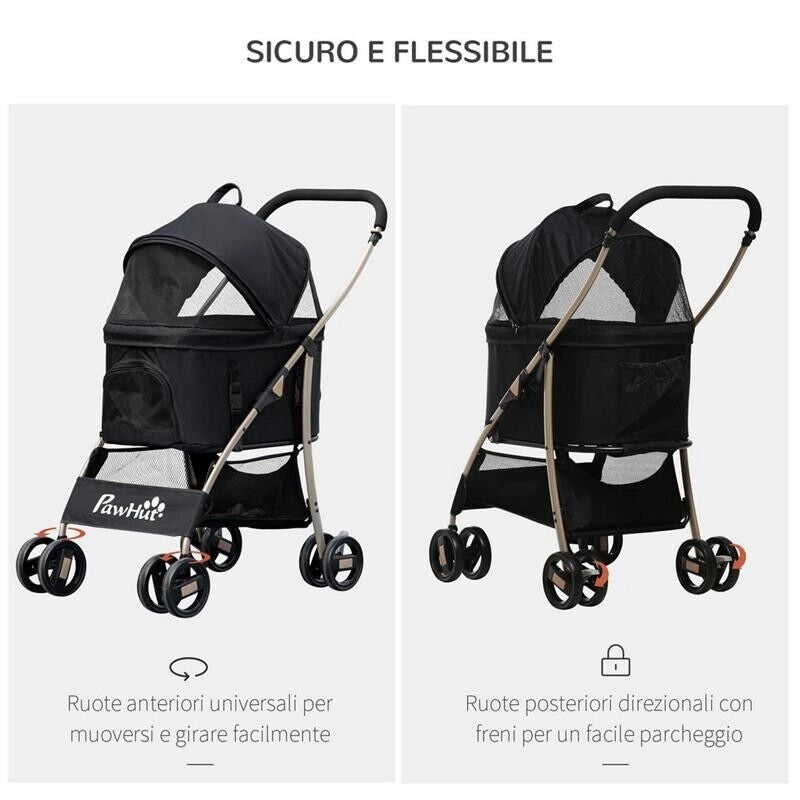 PASSEGGINO PER CANI PIEGHEVOLE CON TRASPORTINO RIMOVIBILE E TETTUCCIO, 82X49.5X98CM, NERO