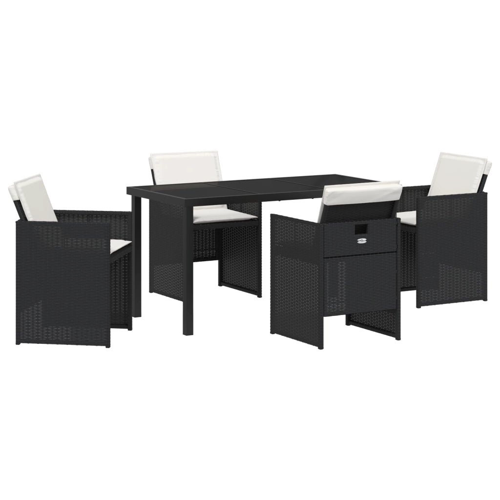 Set da pranzo da giardino di 5 pezzi con cuscini in polyrattan nero