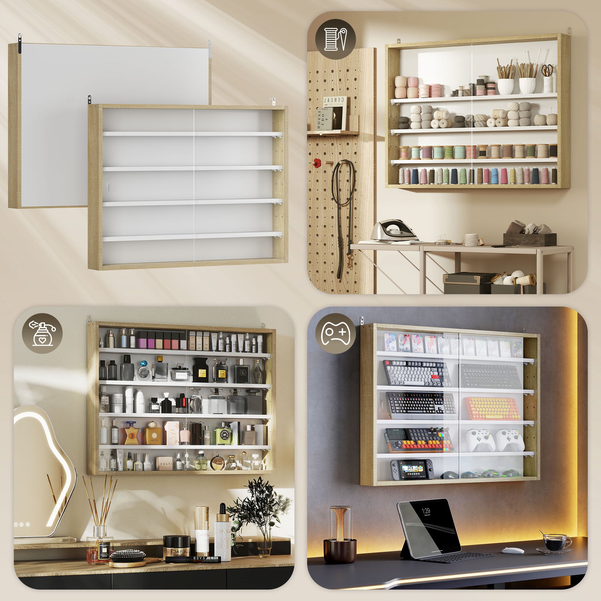 Bacheca Vetrina a Muro con 4 Ripiani Regolabili 80x9.5x60cm Bianco e Legno