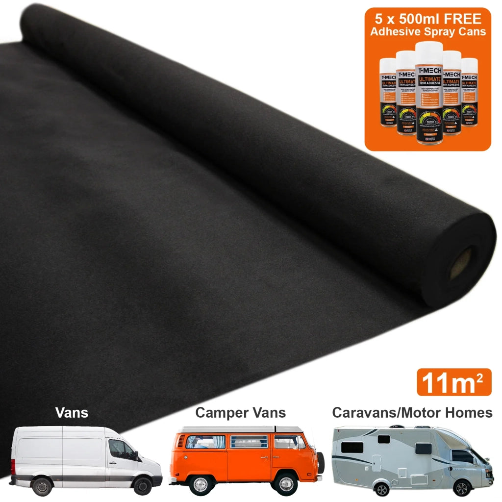 Fodera Tappeto per Furgoni Van Kit Super Elastico 11mq & 5 Spray Adesivi / Nero