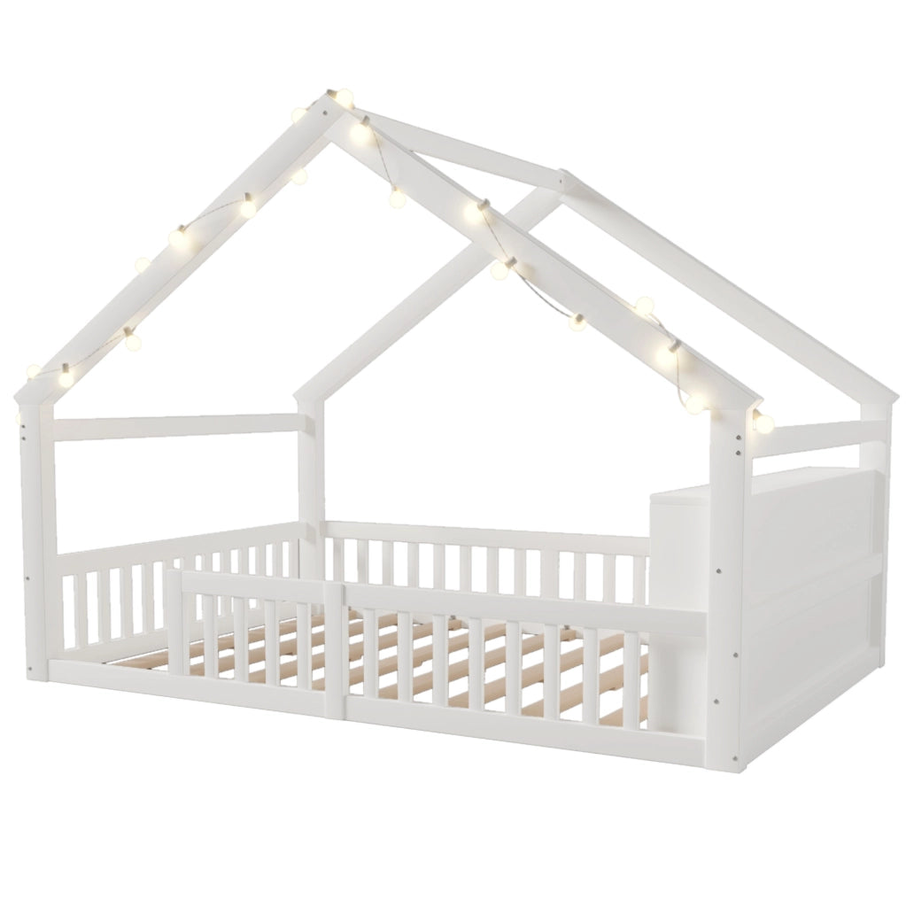 Letto per bambini a casetta 140x190 cm con sponde e scaffali laterali