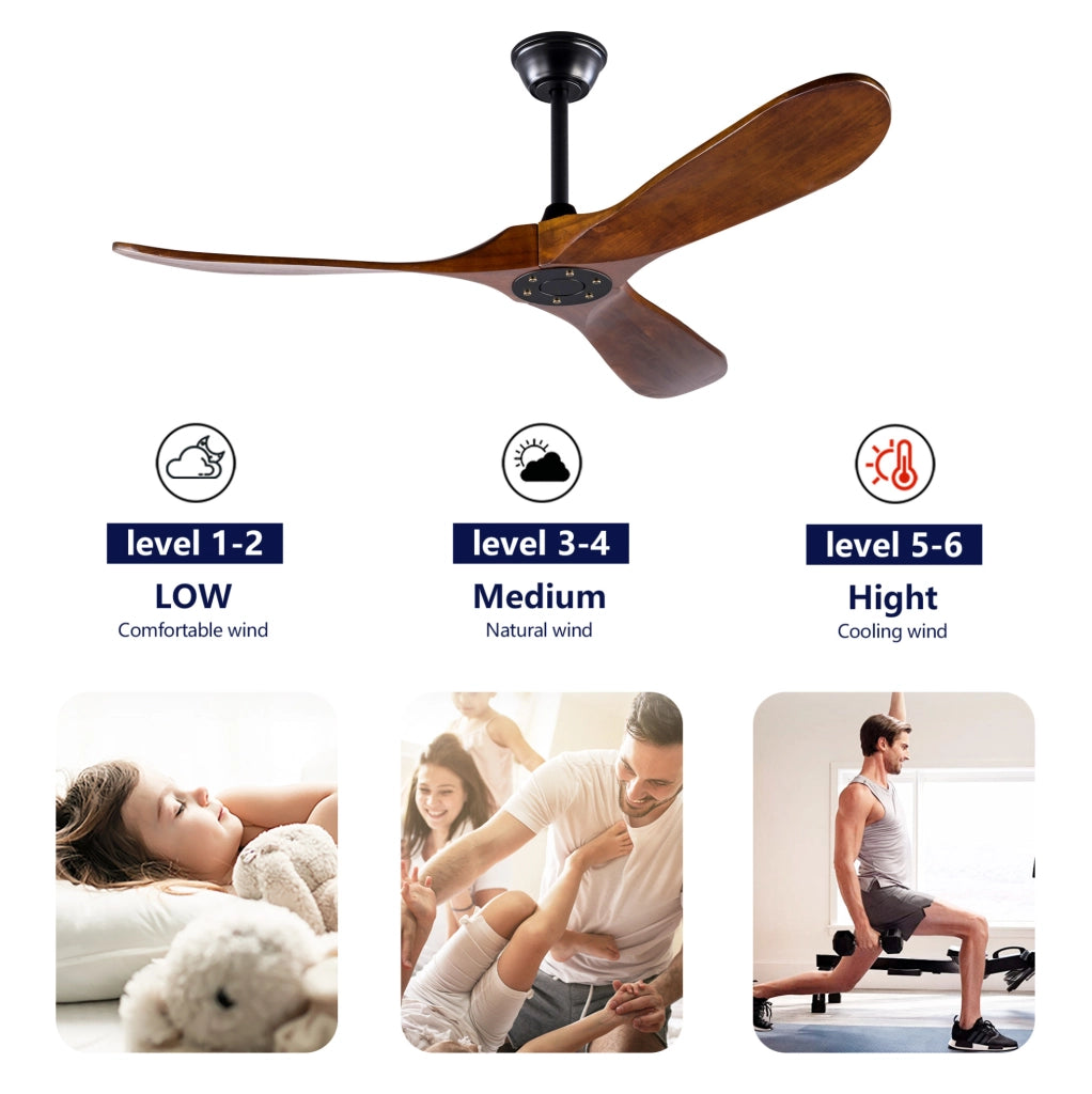 Ventilatore da soffitto a 3 pale in legno senza luce; con telecomando e funzione memoria; nero e noce scuro