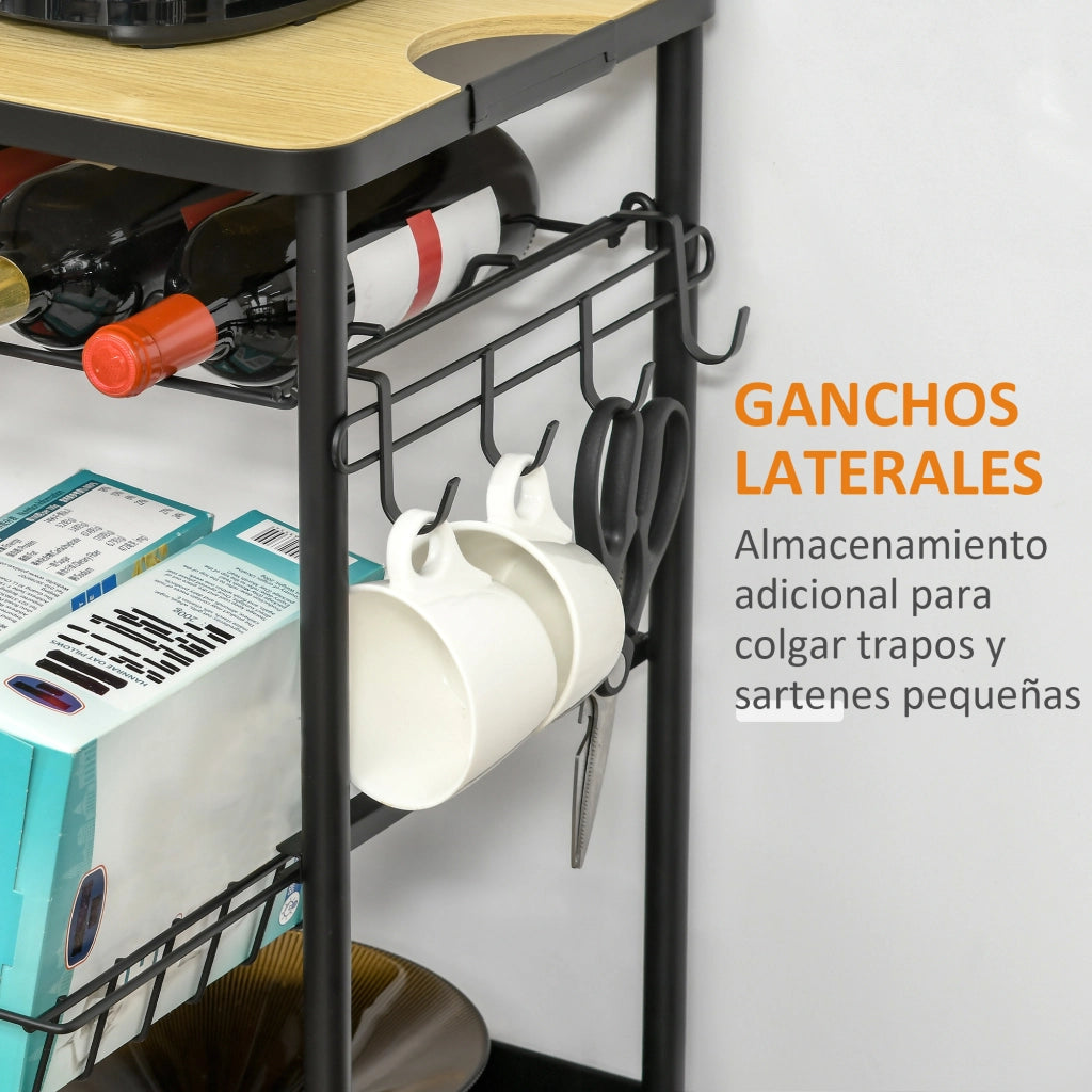 Carrello Multiuso per Cucina con Cestino e Portabottiglie ¨C Zephmum ¨C Nero 60.5x35.5x75 cm