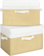 Scatole di archiviazione con coperchio, 2 scatole di archiviazione tessuti, scatola organizzatrice pieghevole con coperchio, contenitori di archiviazione per abiti, bianco-marrone, scatole pieghevoli con coperchio per armadio