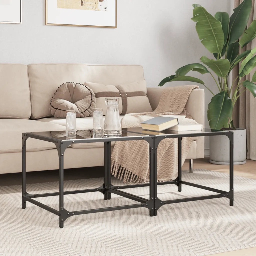 2 pz Tavolini da salotto | Tavolino da caff¨¨ | Tavolino da Soggiorno con Piano Vetro Nero 50x50x40cm Acciaio