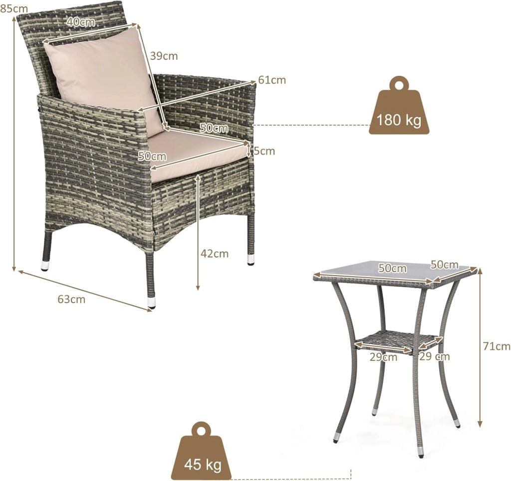 Set Mobili Salotto da Giardino Esterno in Rattan, 1 Tavolino con Piano in Vetro Temperato Portato fino a 45 kg, 2 Poltrone con Cuscino fino a 180 kg