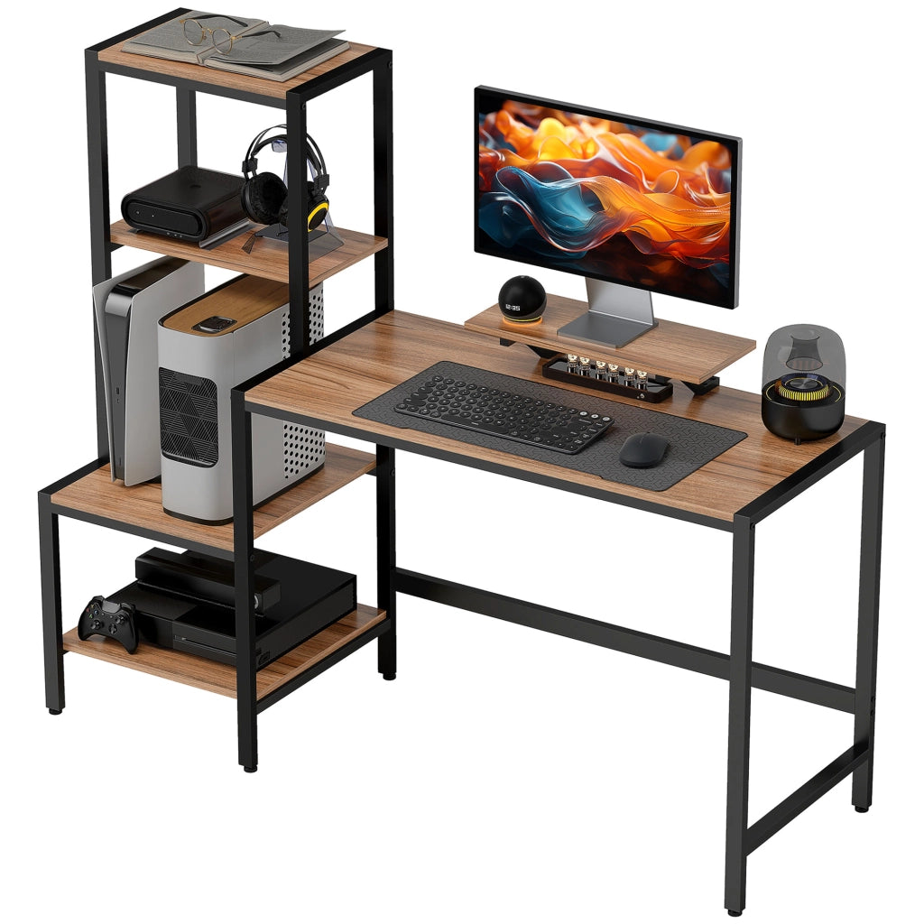 Scrivania con scaffale a 4 ripiani e supporto monitor ¨C Minimal ¨C Marrone 90x50x