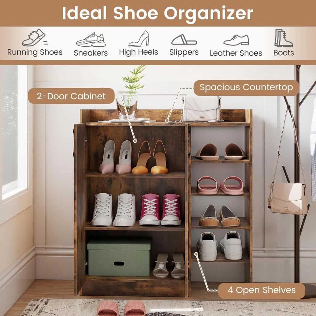 Mobile scarpe con ampio vassoio, armadio chiuso, 2 ripiani interni regolabili e 4 ripiani aperti, armadio a scarpe stile moderno per ingresso, corridoio, soggiorno (marrone)
