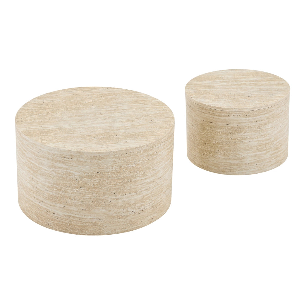 Set di 2 tavolini rotondi impilabili con spazio contenitore, effetto legno, MDF, per salotto