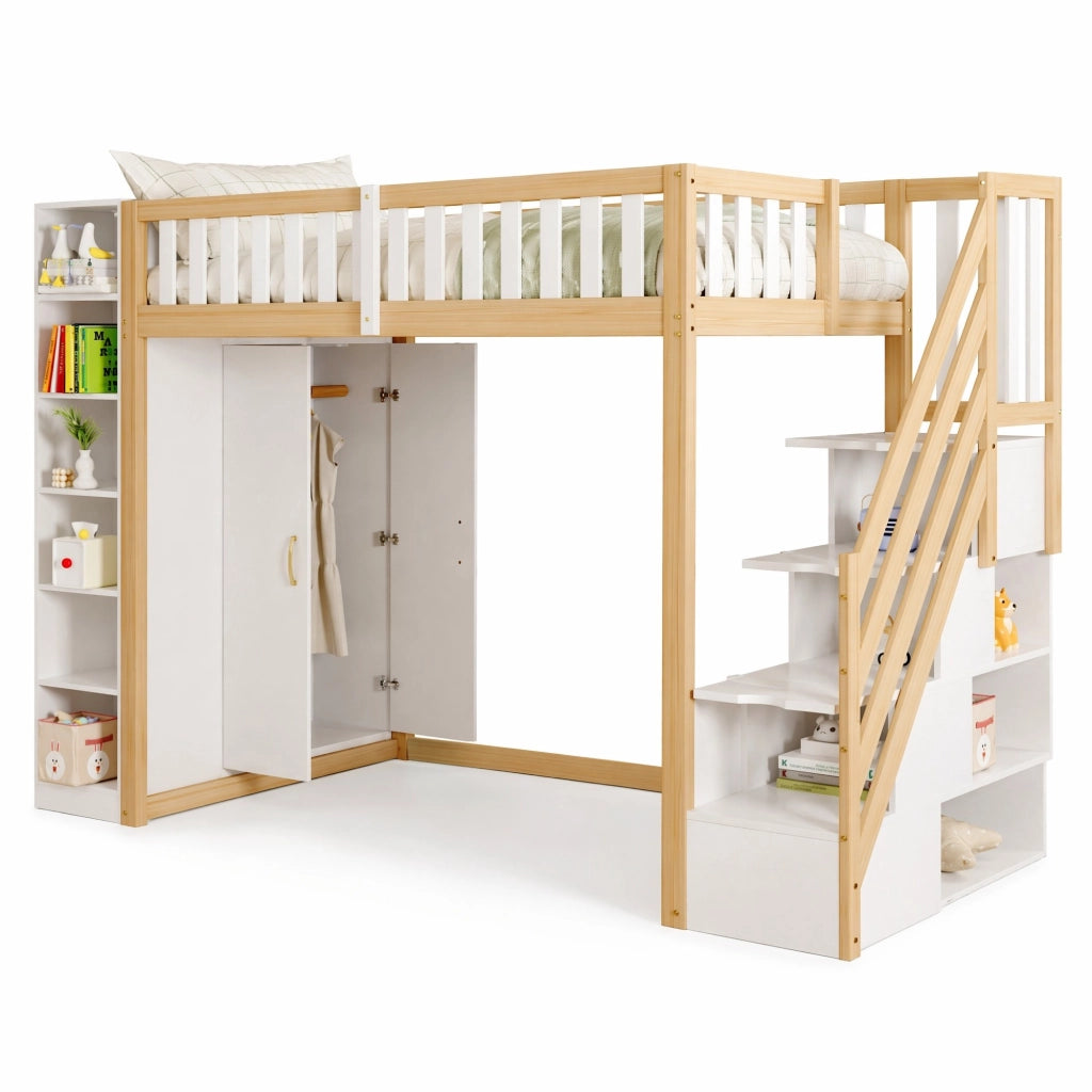 Letto a soppalco 90x200 cm con armadio e contenitori