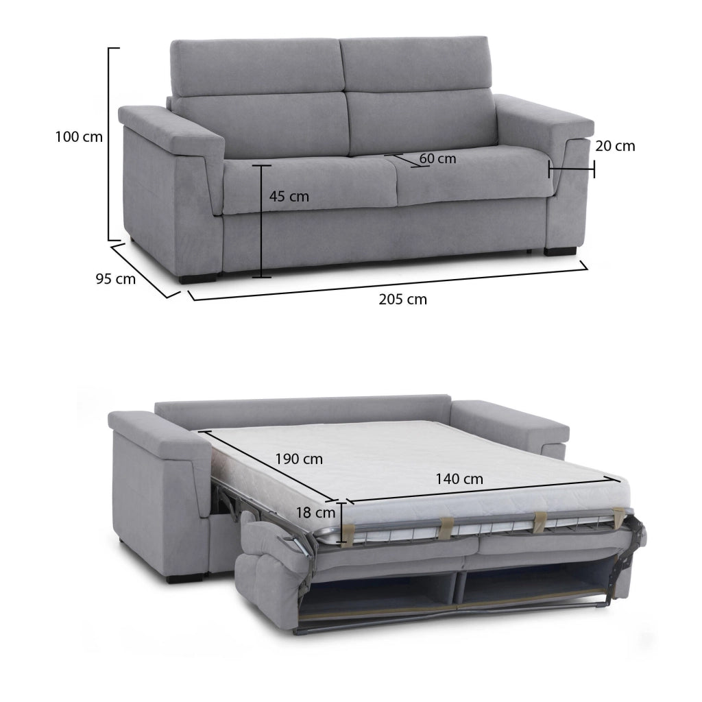 Brusasco, Divano Letto 2 Posti Sfoderabile Made in Italy, 205x95 cm Grigio