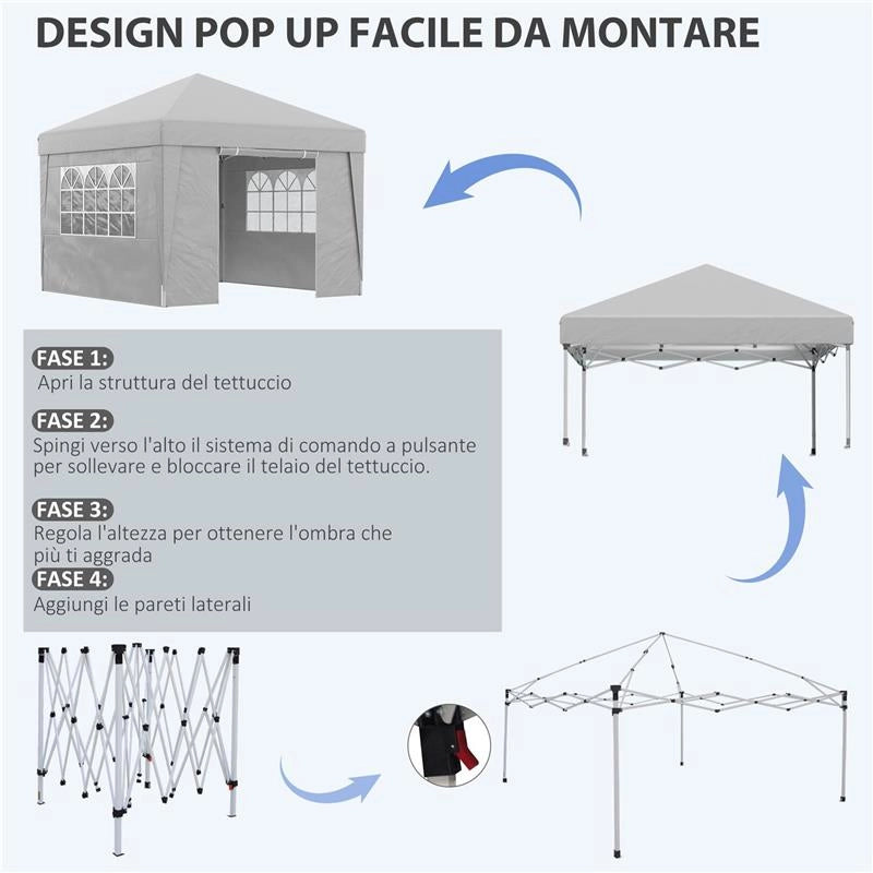 GAZEBO PIEGHEVOLE AD ALTEZZA REGOLABILE CON FINESTRELLE IN ACCIAIO E TESSUTO OXFORD 298X298X288 CM GRIGIO CHIARO