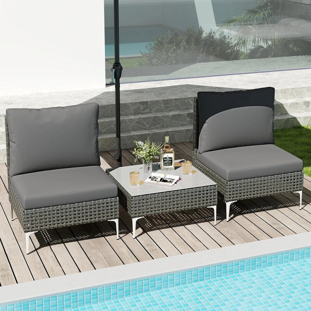 Tavolino e 2 Sedie da Giardino, Set da Conversazione in Rattan con Cuscini e Tavolino in Vetro Temperato, Set da Bistrò per Veranda, Balcone e Cortile (Stile 1)
