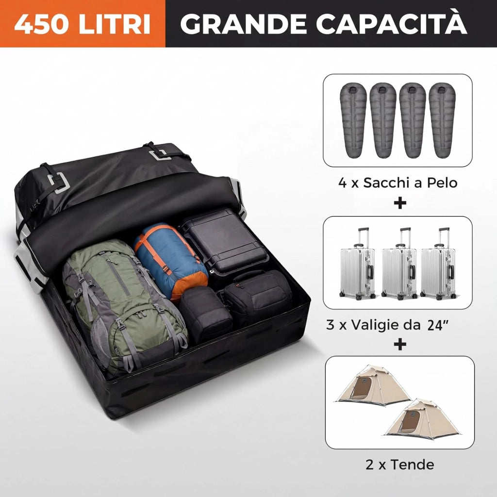 Borsa da Tetto per Auto, Box Portapacchi con Impermeabile e Alta Adattabilità, Baule con Tappetino Antiscivolo, Striscie Riflettenti, Lucchetto e 8 Corde di Fissaggio (450 L,Grigio)