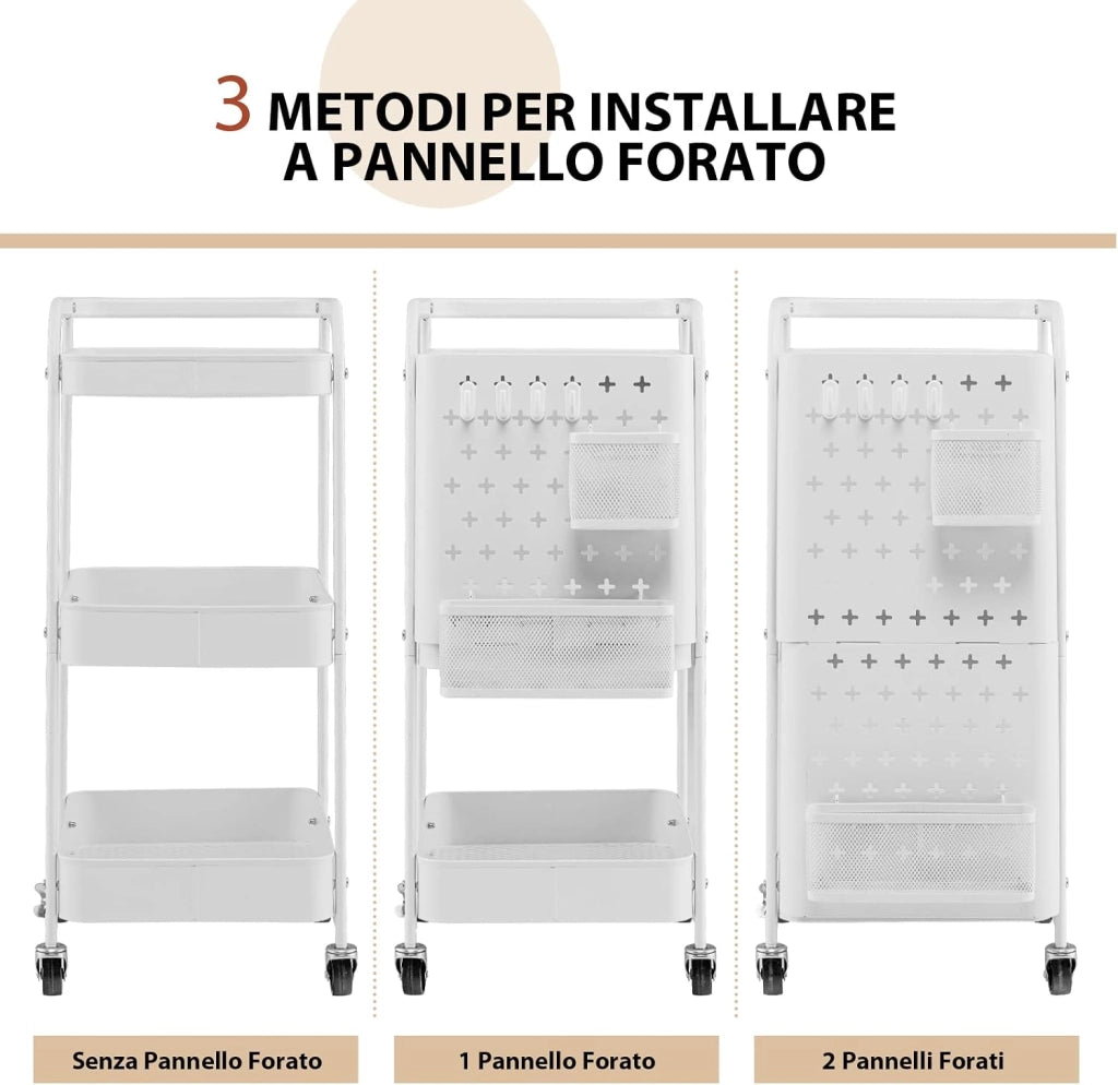 COSTWAY Carrello Multiuso a 3 Livelli, Carrello Organizzatore di Stoccaggio, con 2 Cestini 4 Ganci e Pannelli Rimovibili, Ideale per Ufficio Cucina Studio, 52x33x75cm (Bianco)