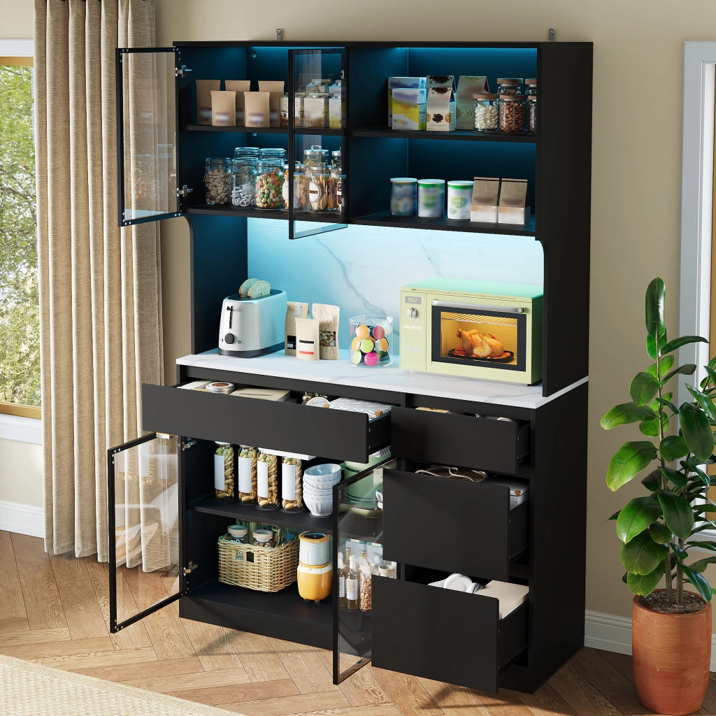 Credenza, mobile da sala da pranzo, finitura in marmo, MDF, ante in vetro, illuminazione a LED, nero e bianco