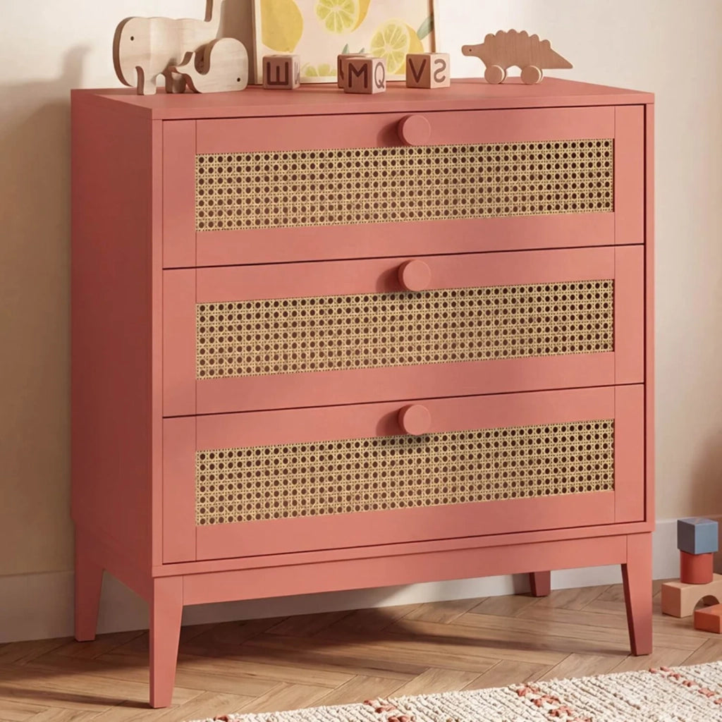 IDMarket - Cassettone a 3 cassetti per bambini ADELIE 80 cm in canna e rosa antico