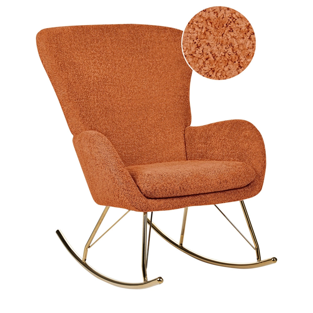 Sedia a dondolo in tessuto poliestere boucle arancione Rivestimento in metallo Gambe a pattini Design tradizionale e retrò