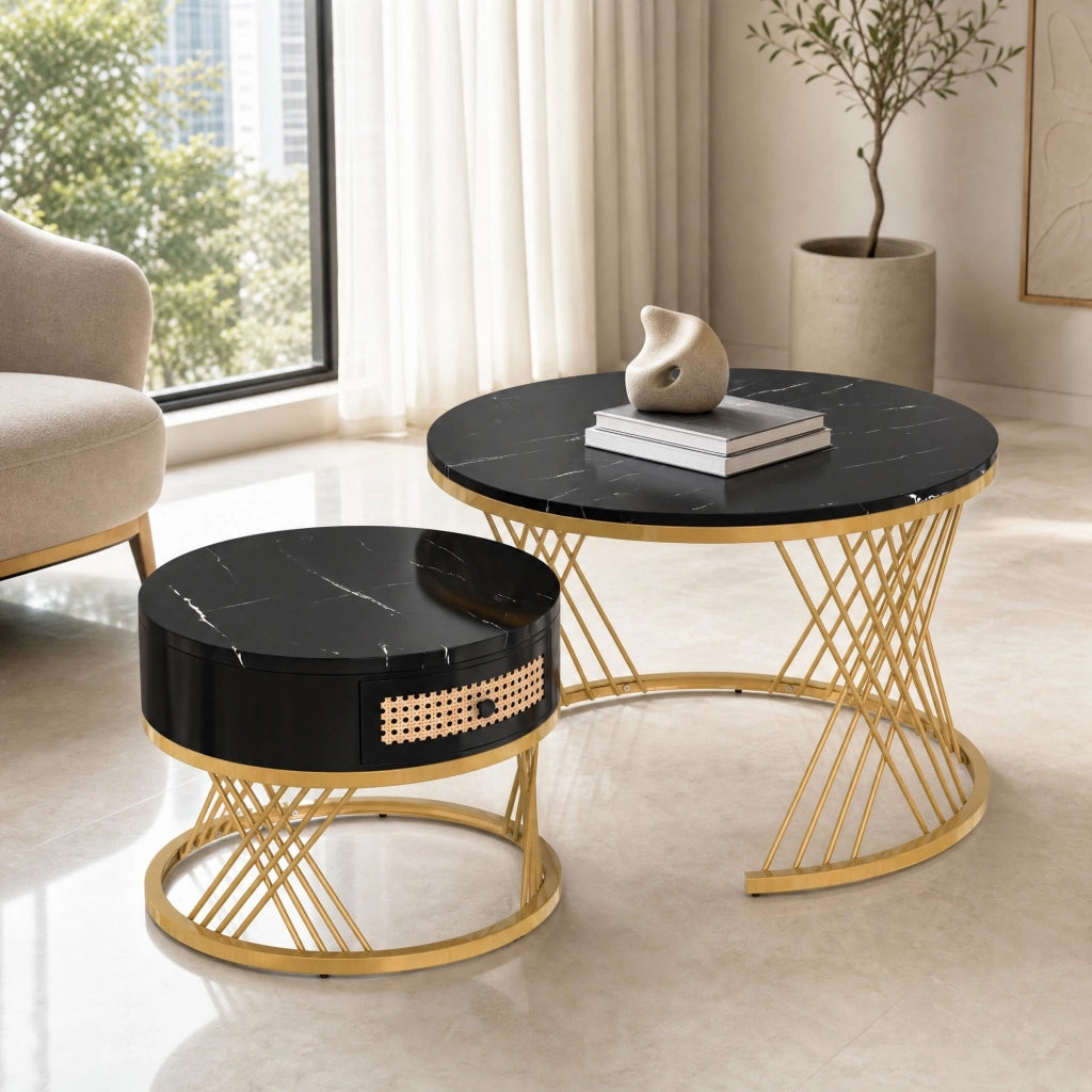 TAVOLINO DA SALOTTO Set da 2 pezzi rotondo 70/50 cm MDF nero con base oro