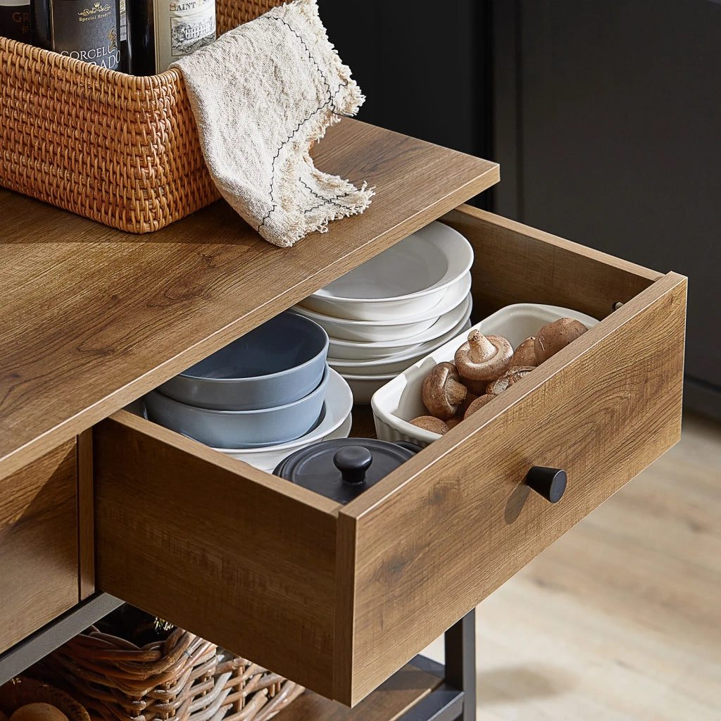 Carrello da cucina con 2 cassetti Mobile da ingresso Credenza Carrello portaoggetti design industriale, FKW112-PF