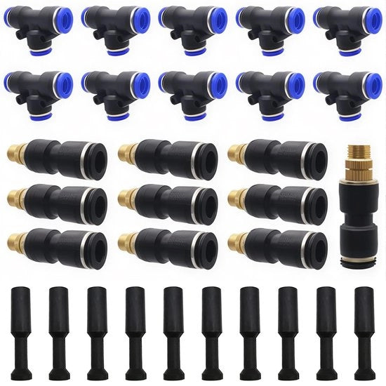 Irrigatore a spruzzo in rame - Bocca di spruzzo regolabile - 10 pezzi Connettori T - 10 pezzi Chokeplug - Pressione acqua 2-8 kg - Diametro bocca di spruzzo 1,1 mm - Irrigatore da giardino