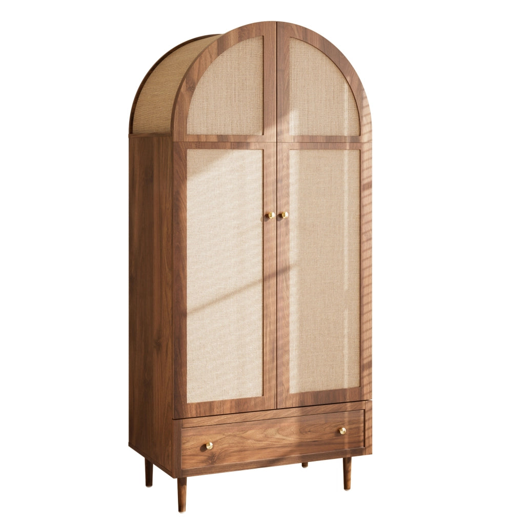 Armadio 79x50x175 cm con ante rivestite in tessuto e cassetto in MDF naturale
