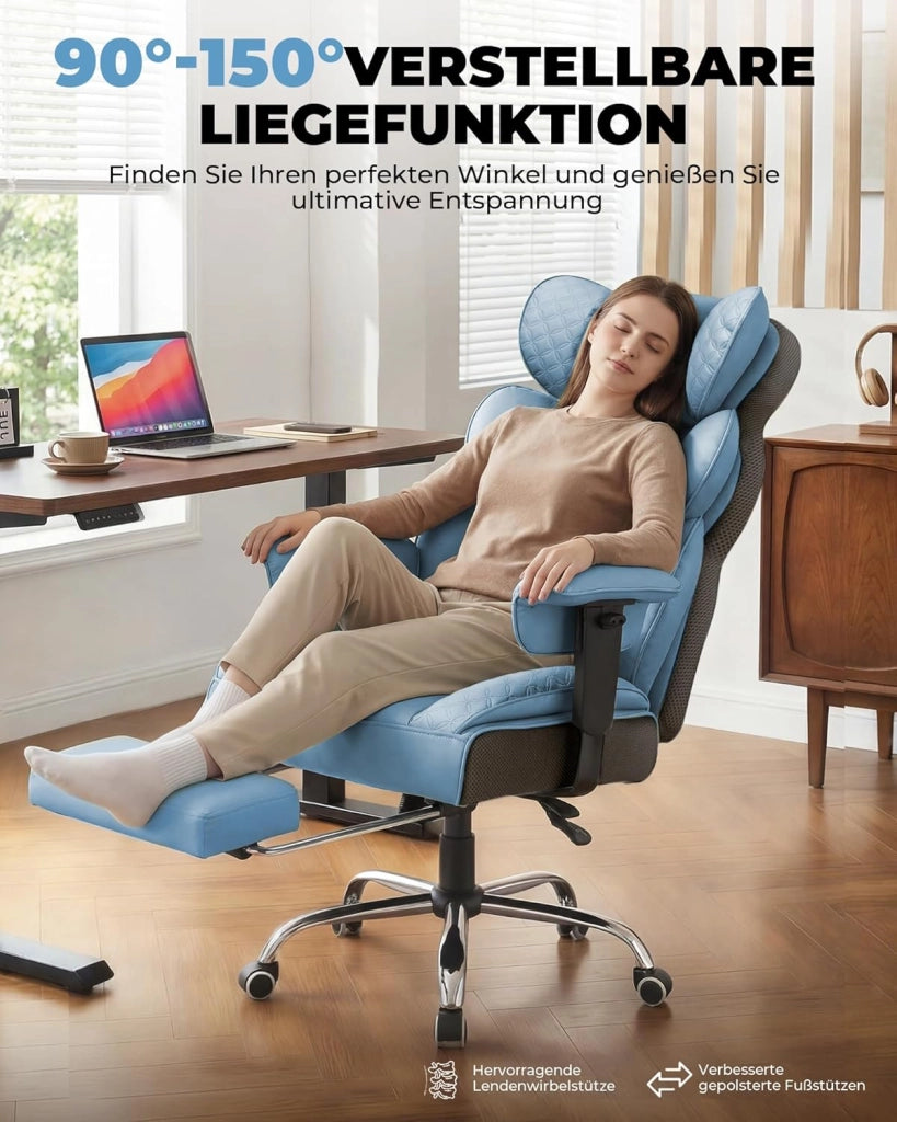 Sedia da gaming ergonomica da ufficio 180 kg, con supporto lombare regolabile e poggiapiedi, design ibrido in ecopelle e mesh, schienale regolabile a 150°, sedia direzionale alta, blu