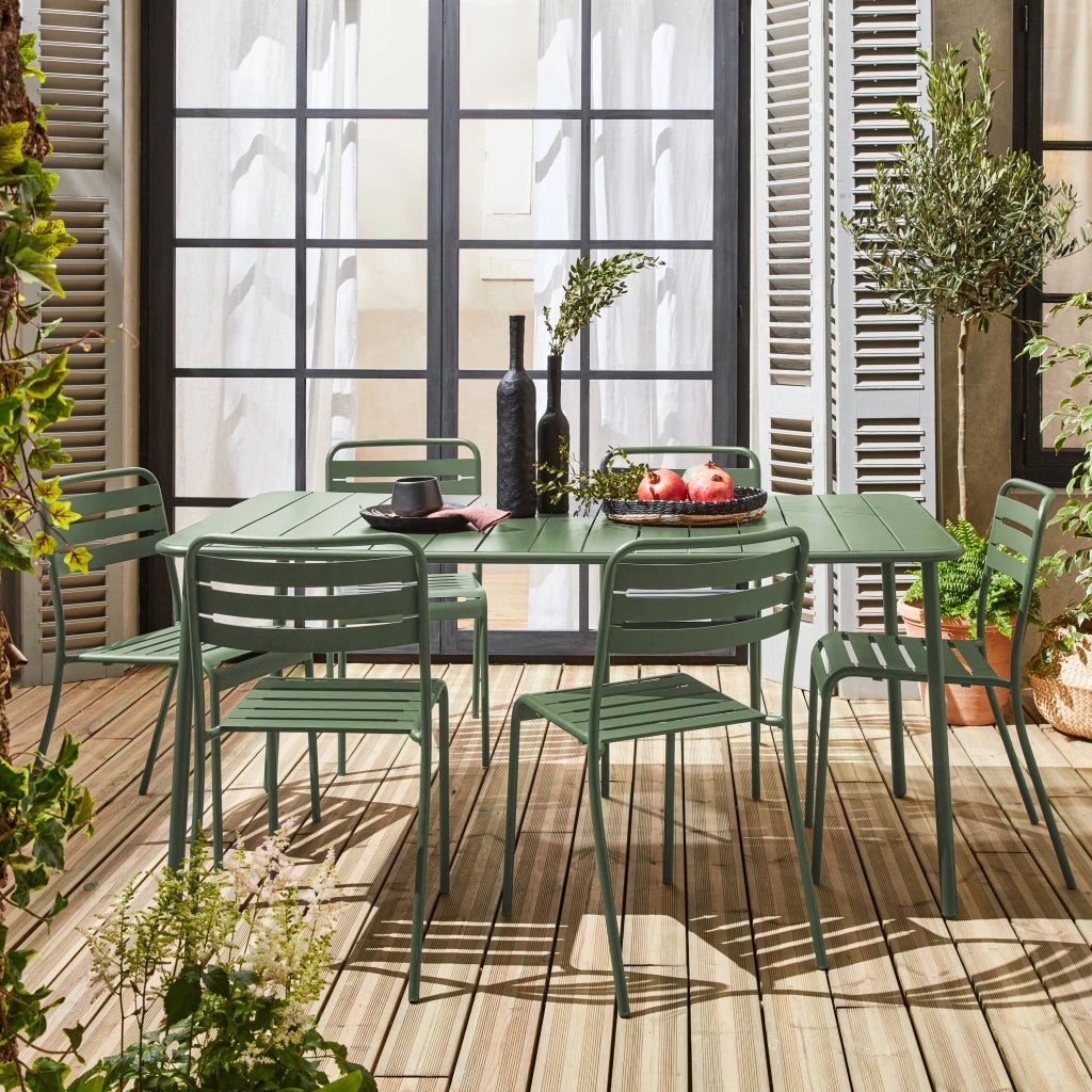 Set tavolo da giardino in acciaio con 6 sedie, 160cm, verde