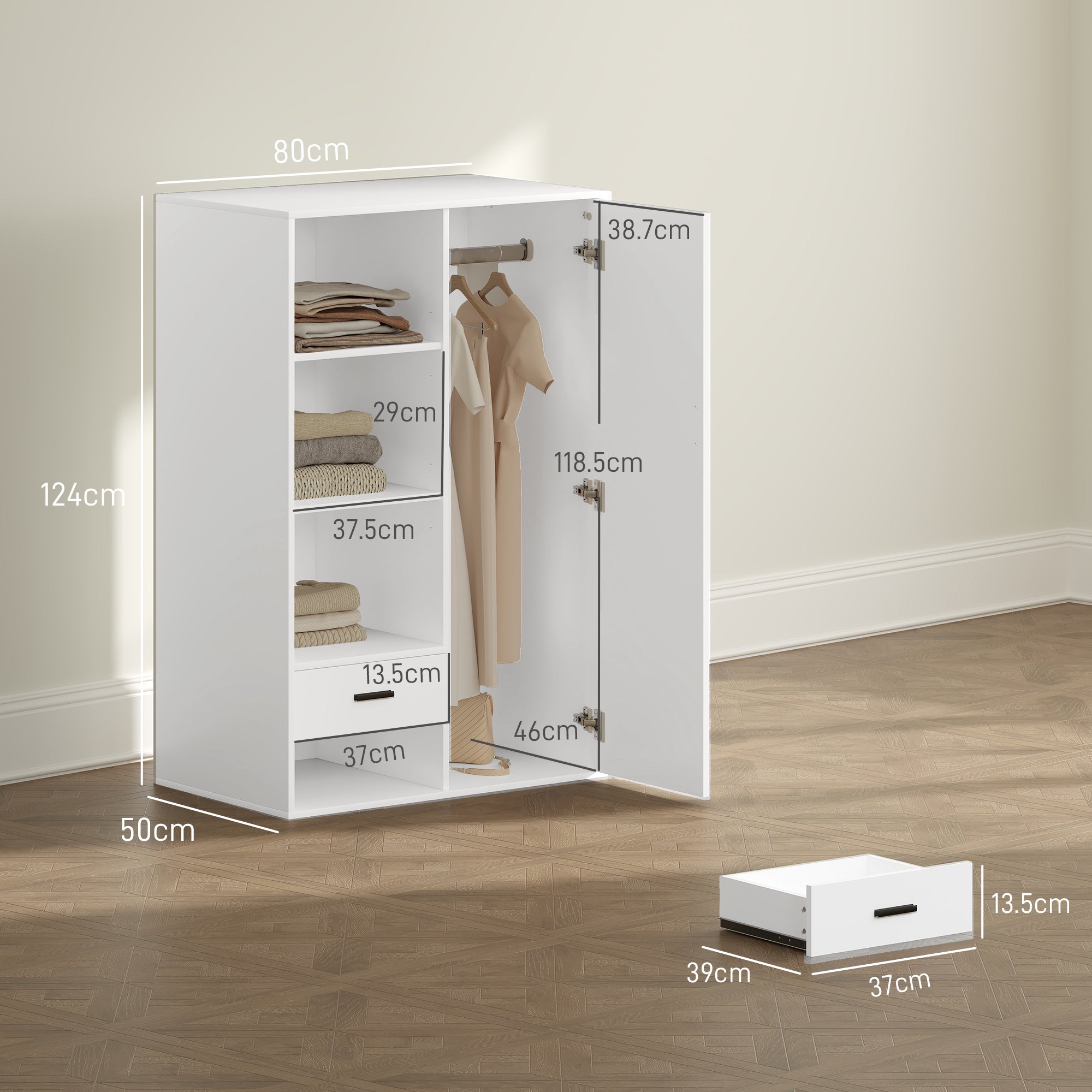 Armadio Moderno 80x50x124 cm Appendiabiti Cassetti e Mensole in Truciolare Bianco