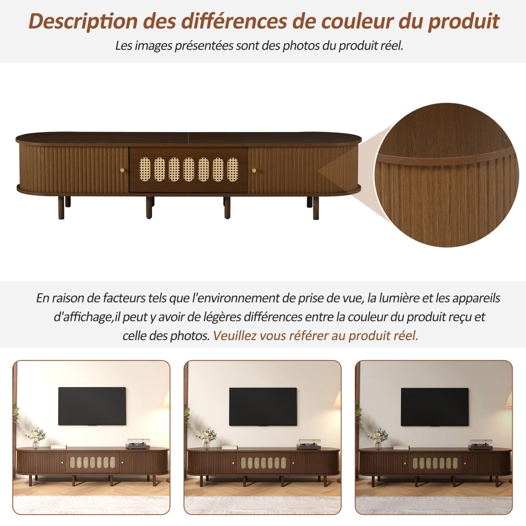 Mobile porta TV con 1 anta a ribalta in rattan e 2 ante a serranda, 5 vani chiusi, per soggiorno, in MDF, noce, 180 × 40 × 40 cm