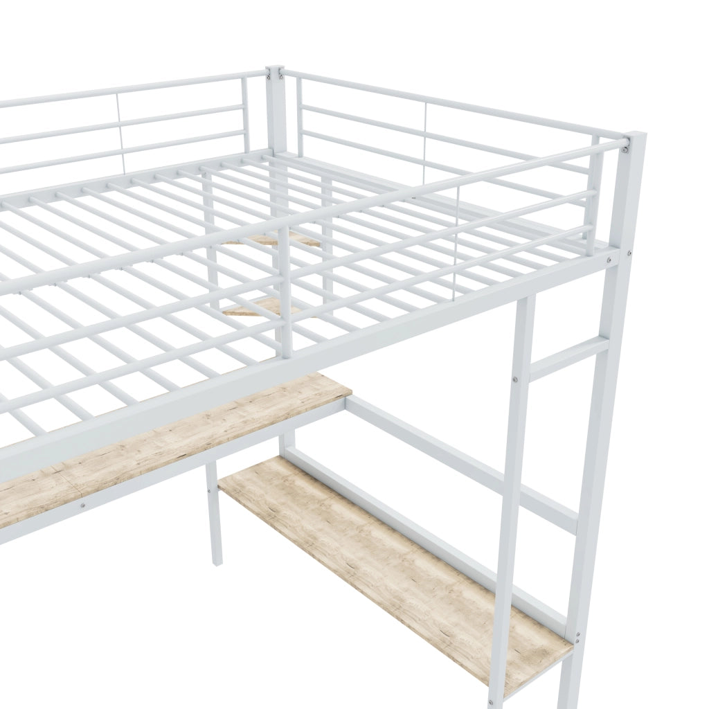 OKWISH Letto a Soppalco 140×200 cm, Letto Matrimoniale con Scrivania, 4 Mensole e Libreria, senza Materasso, in Metallo e MDF, Bianco