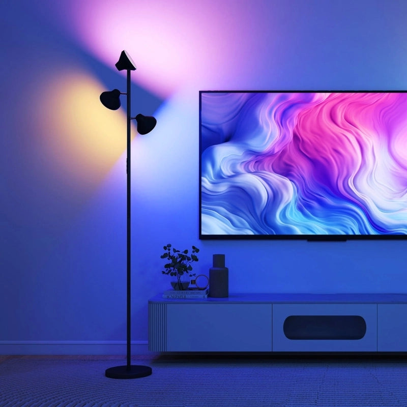 Lampada da terra dimmerabile con luce di lettura, lampada da terra a colori RGB con telecomando, controllo touch, 3 teste rotanti, nera