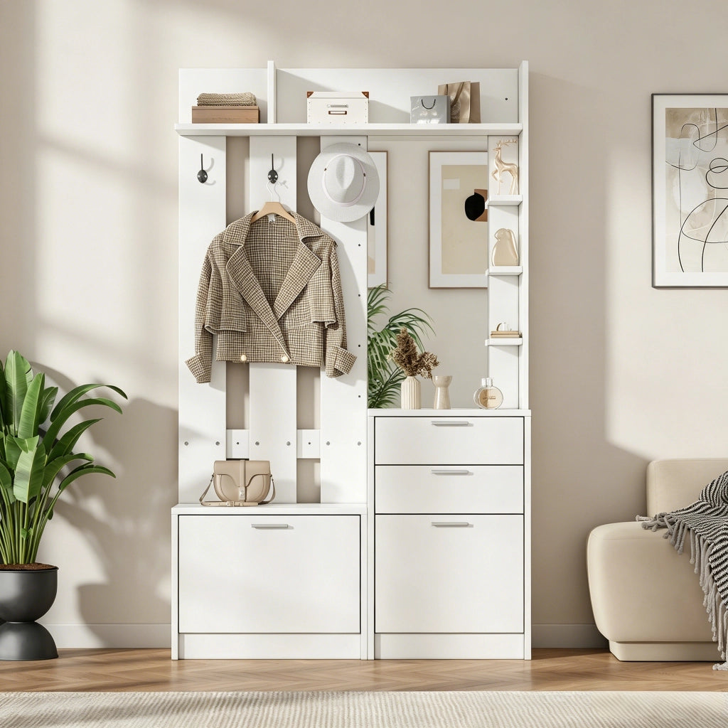 Garderobenschrank multifunzionale bianco 110¡Á34¡Á185 cm con specchio, 2 cassetti, 2 scarpieri ribaltabili e 3 ganci