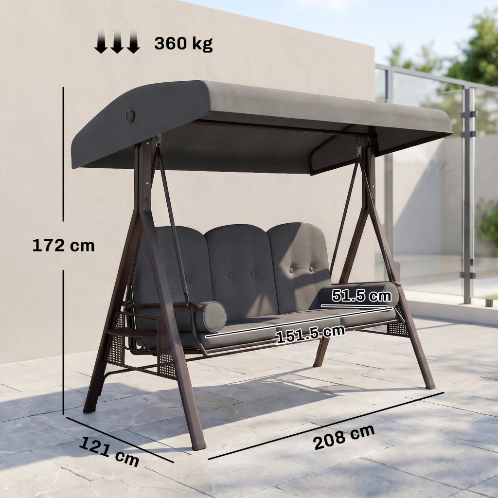 Dondolo da Giardino 3 Posti con Cuscini ¨C zephmum ¨C Grigio 208x120x172 cm