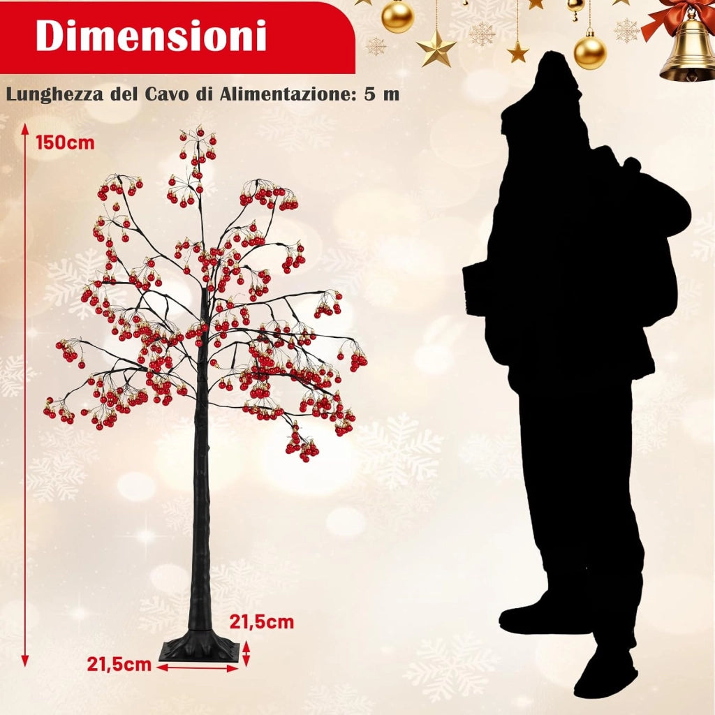 Albero di Natale Decorativo 150 cm, Albero Artificiale con Rami Pieghevoli, 384 Palline Rosse, 480 Luci LED e Picchetti di Ancoraggio, Albero di Natale Illuminato per Uso Interno ed Esterno