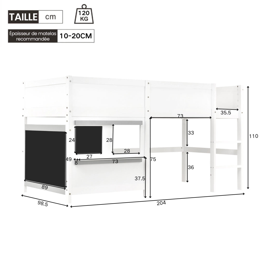 Letto Casetta 90x200 cm; Letto Singolo - Lavagna; Mensola - in Legno Massello Bianco