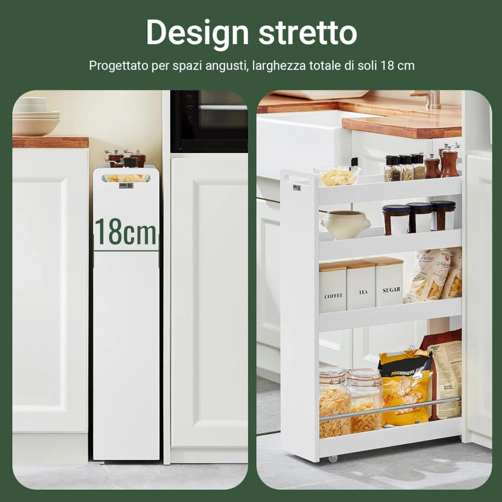 Carrello Slim per Cucina e Bagno con 4 Ruote Scaffale Salvaspazio a 4 Ripiani con Aste Antiscivolo Unità di Stoccaggio per Cucina, Bagno, Forniture per Bellezza o Artigianato 60x18x82cm NSR01-W