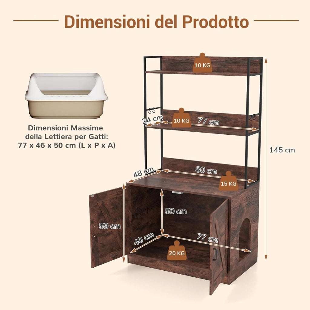 Mobile per Lettiera per Gatti, Mobile Nascosto per Gattini con 3 Ripiani, 4 Ganci, Armadietto a 2 Ante, Ingresso Laterale e Struttura in Metallo, Toilette Industriale per Gatti (Marrone)