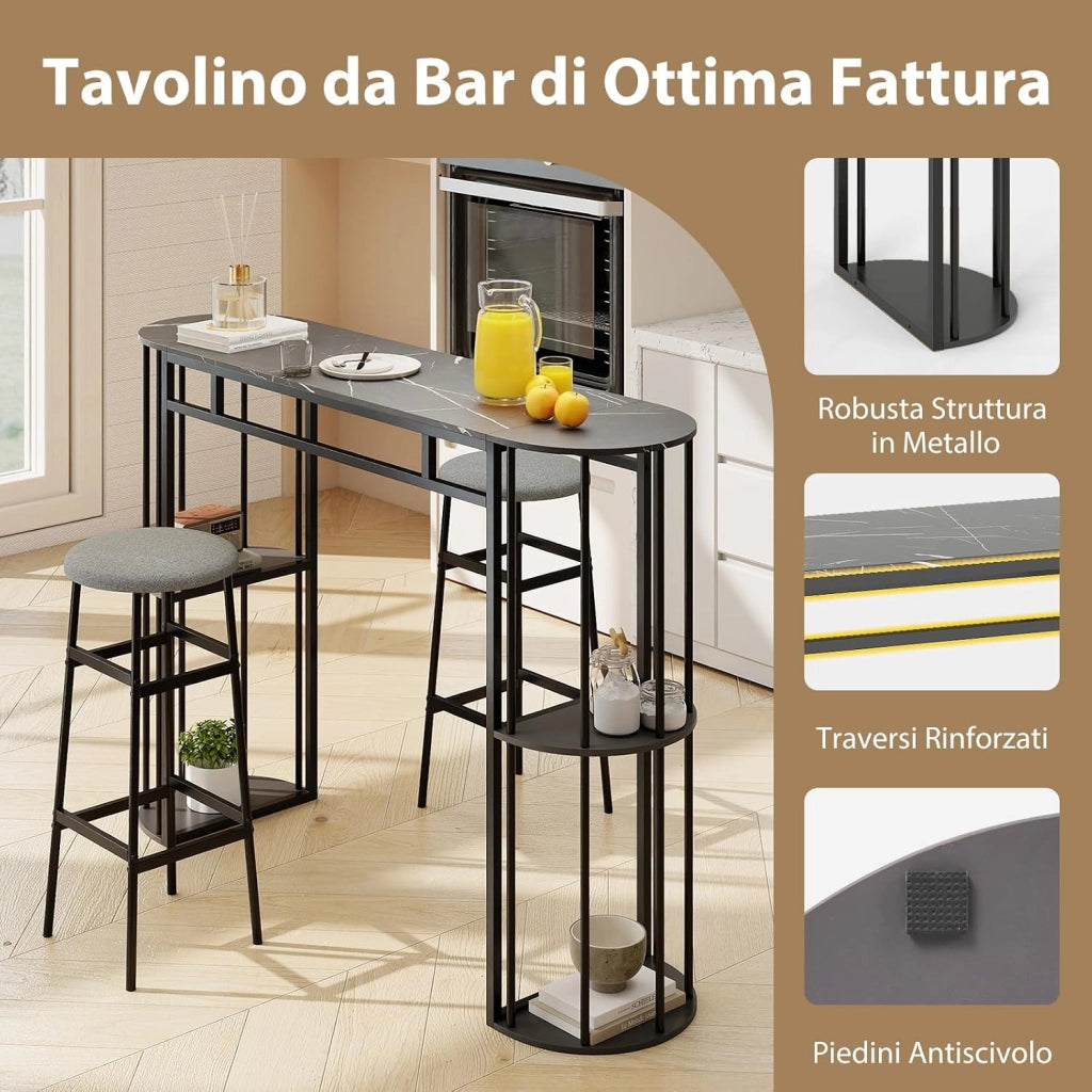 Tavolo da Bar Alto, Tavolino da Cucina Moderno con Piano in Finto Marmo, 4 Ripiani Laterali e Struttura in Metallo, Bancone Cucina da Casa per Soggiorno e Sala da Pranzo (Grigio)