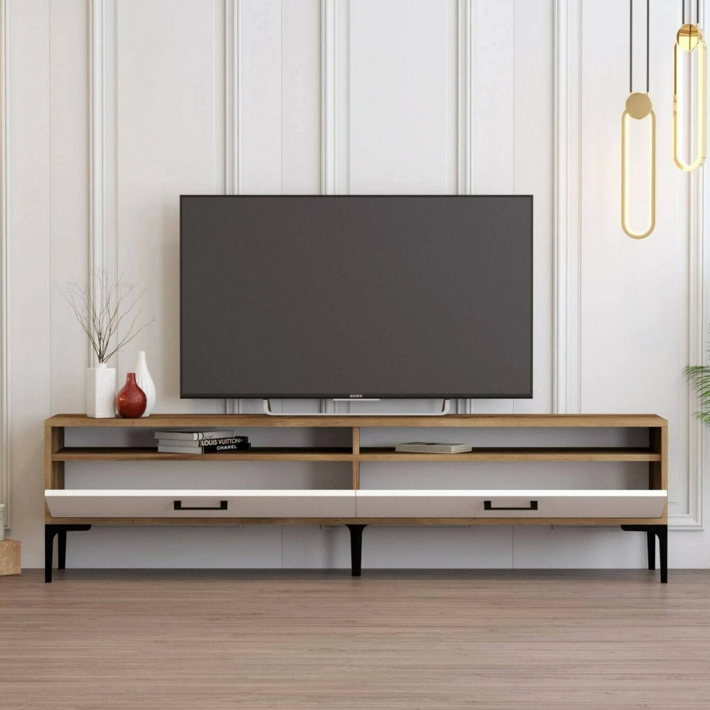 Mobile porta TV Angiari, Credenza da soggiorno, Armadio basso per TV, Base parete attrezzata, 47x35h180 cm, Noce e Bianco