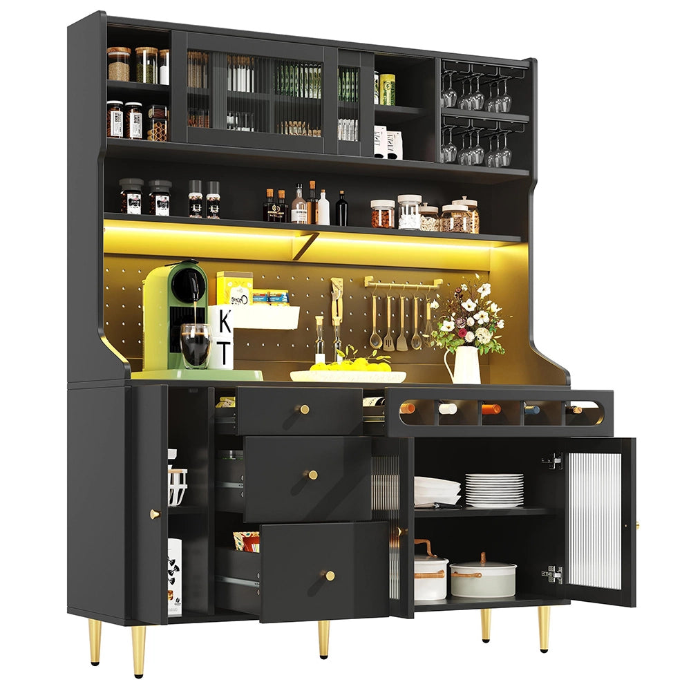 Armadio alto per soggiorno - Xylo - 145¡Á39¡Á171 cm - Nero - Ripiani regolabili, illuminazione LED, cassetto porta bottiglie
